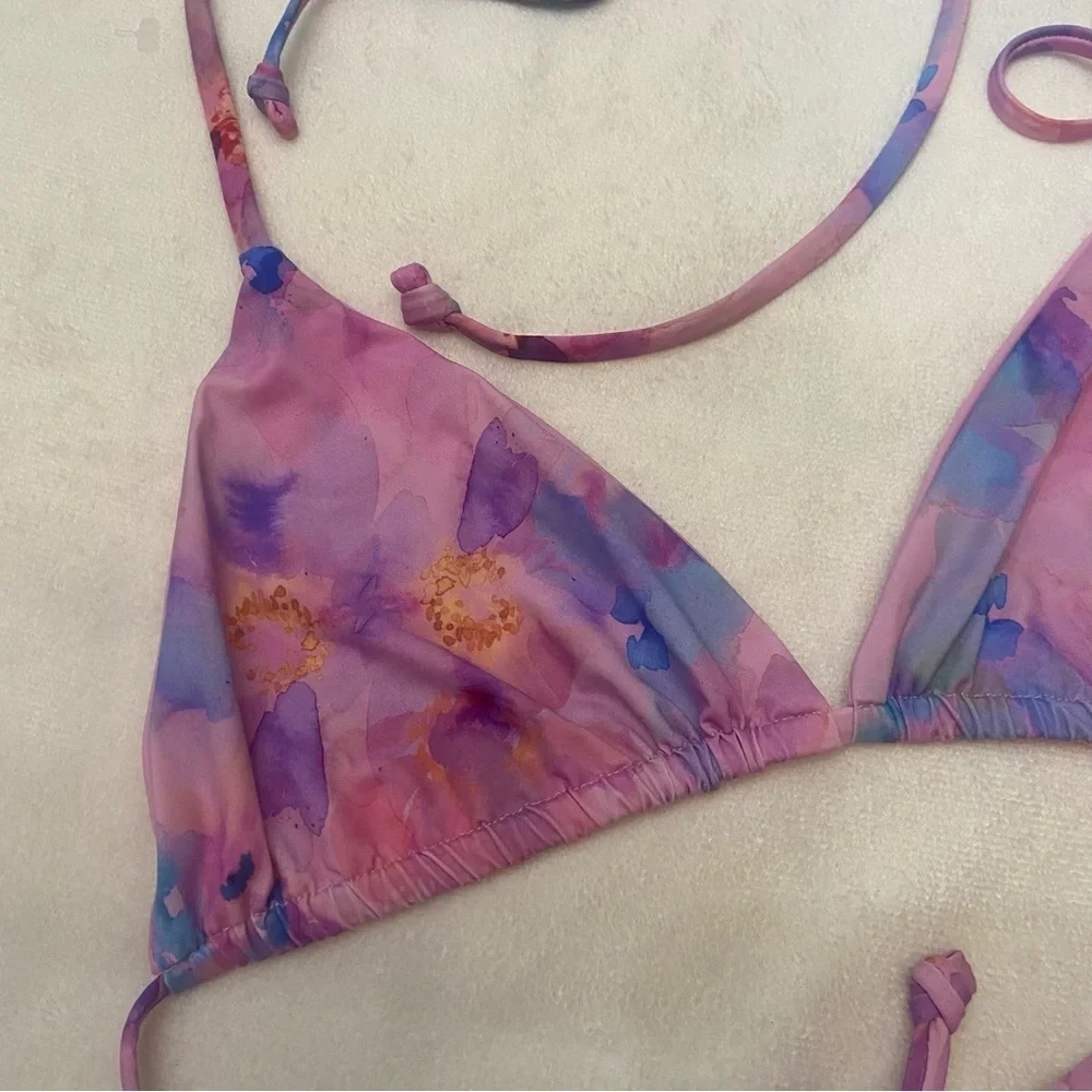 New! Frankie's Bikinis Pink Purple watercolor Floral Bikini top 1093
